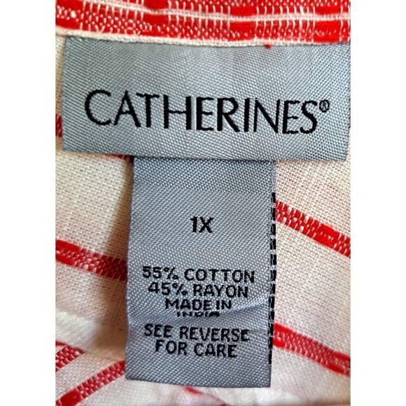 Catherines Women's 1X Red White Striped 3/4 Sleeve Collared Blouse New w/Tags - Picture 2 of 9